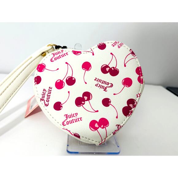 Juicy Couture Handbags - Juicy Couture Heart Wristlet Cherries on Top Print White Pink Coin Purse NWT